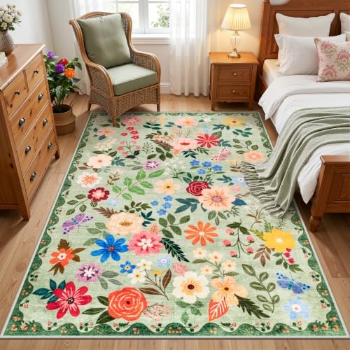 PLHXFR Area Rug Living Room: 3x5 Floral Washable Boho Soft Carpet Green