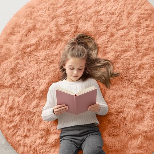 OLANLY Muted Orange Round Rugs for Bedroom - Machine Washable, 5 ft Circle Area Rugs for Living Room, Soft and Fluffy Shaggy Carpet for Teen Girl and Boys, Nursery Rooms, Dorms, Home Decor Aesthetic