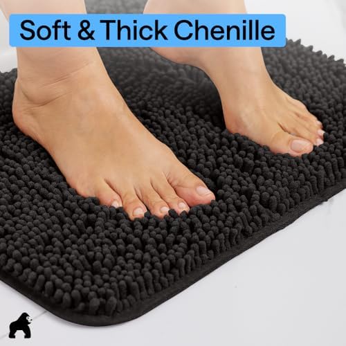 GORILLA GRIP Bath Rug Mat for Bathroom, Absorbent Chenille, 60x24 Black