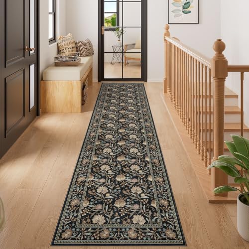 DUKINO 2x8 Runner Rug, Washable Vintage Floral Kitchen Rugs, Black
