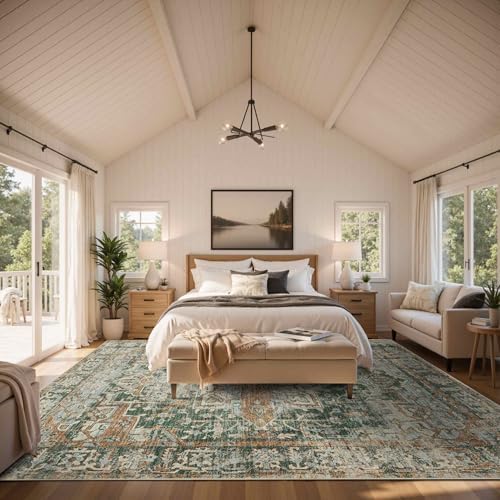 Rugxara 10x14 Area Rugs for Living Room Large Washable Rug, Green/Brown