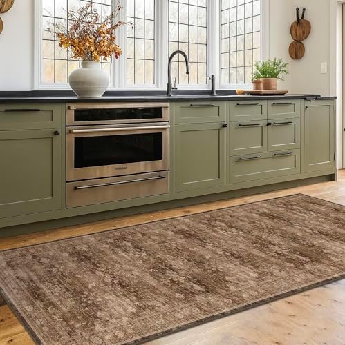 Washable 10ft Long Runners for Hallways, Brown 2'6"x10' Wide Kitchen Runner Rug, Entryway Indoor Rug, Non Slip Rubber Backing Boho Vintage Dark Floor Decor