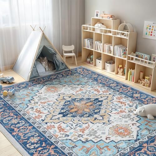 Lofus 5x7 Area Rugs for Living Room Bedroom, Soft Boho Carpet Floral Blue