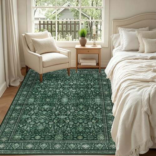 5x7 Area Rugs Living Room: Washable Rug for Bedroom Deep Green
