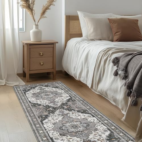 BEIMO Runner Rug for Hallway Kitchen, 2x10 Machine Washable Runners Rug for Entryway, Soft Modern Vintage Boho Throw Rugs, Low Pile Floor Cover with Non Slip Backing, Dark Gray