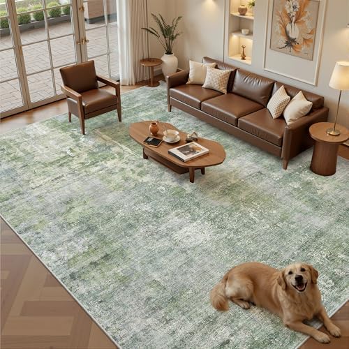 Soalmost 9x12 Area Rugs for Living Room Washable Rug Abstract Green/Ivory
