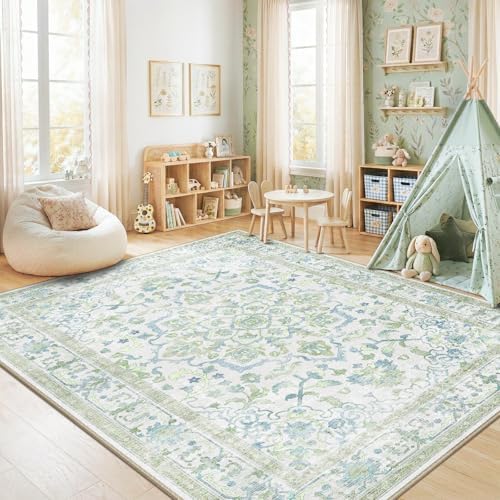 CAPALOCA 9x12 Washable Nursery Girls Low Pile Area Rug Green Blue
