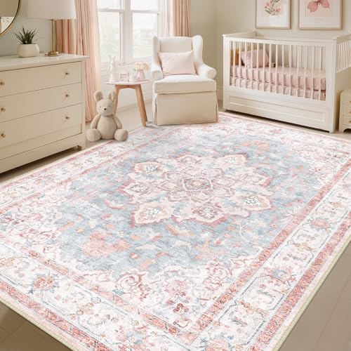 CAPALOCA 9x12 Washable Nursery Girls Low Pile Area Rug Pink Blue
