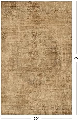 Large Entryway Rug Washable - 5x8 Brown and Mustard Yellow Rug for Mudroom, Foyer, Hall, Living Room, Washable Low Pile Stain Resistent, Distressed Design