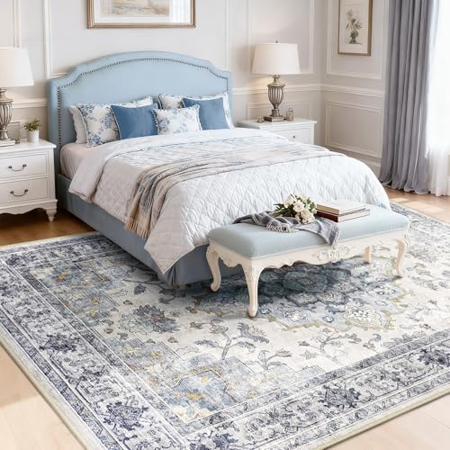 CAPALOCA 9x12 Washable Nursery Girls Low Pile Area Rug Blue White