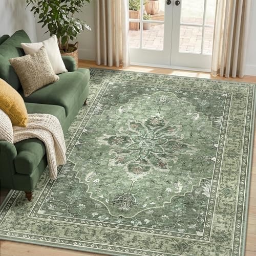 RELEANY Washable Area Rug, 5'x7', Green/Dark Green/Gray