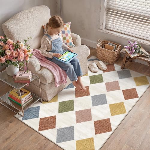 PureCozy 4x6 Washable Area Rug Kids Room Colorful Non Slip Checkered Carpet