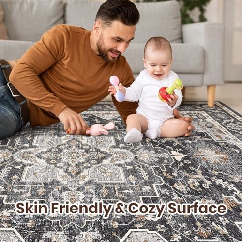 cotiled 10x12 Area Rug for Living Room, Washable, Traditional, Black