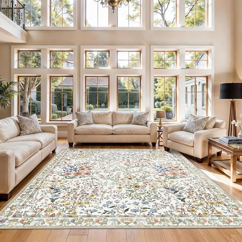 7x7 Vintage Floral Dining Room Rug - 7ft Square Low Pile Non Slip Machine Washable Area Rug, Indoor Carpet for Under Table/Bed Living Room Bedroom Office Nursery Entryway Playroom (7ft Square, Beige)
