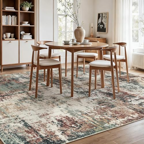 Rugflix 9x12 Area Rugs for Living Room, Washable Rust Brown Green Large Rug
