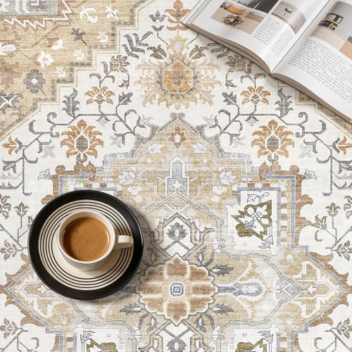 UERMEI 5x7 Area Rug for Living Room - Washable Vintage Carpet, Non-Slip Soft Large Indoor Floor Rugs for Bedroom Home Office & Under Dining Table Decor, Brown Beige
