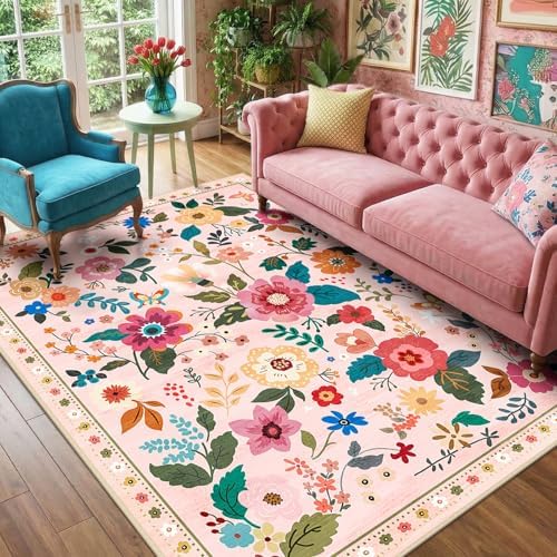 RELEANY Floral Washable 5x7 Area Rugs Pink