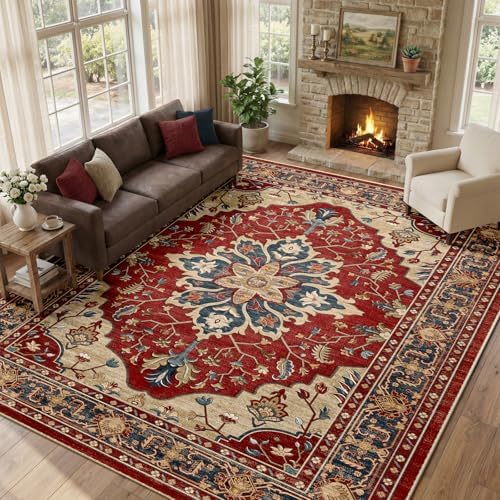 RELEANY Washable Area Rug, Large 10'x12', Red/Blue