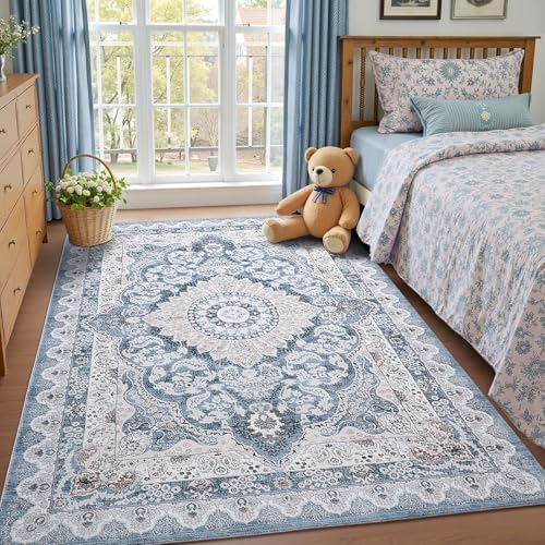 Macgace Washable Vintage Area Rug for Living Room, 6x9 Rugs Blue & Beige