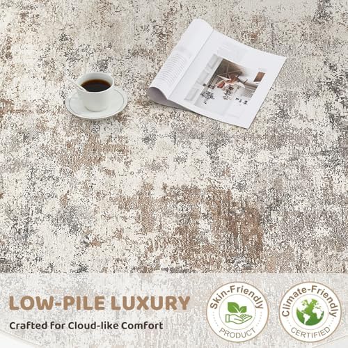 UERMEI 3x12 Washable Runner Rug for Hallway, Non Slip Low Pile Kitchen Carpet, Neutral Modern Abstract Indoor Floor Mat for Entryway Laundry, Kid & Pet Safe High Traffic Area, Brown Grey