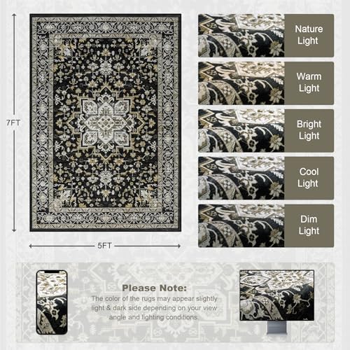 5x7 Area Rugs Living Room: Washable Rug for Bedroom Black Gold