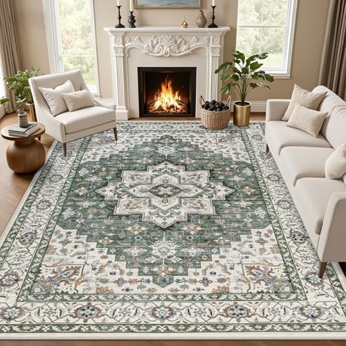 9x12 Area Rugs Living Room: Washable Rug for Bedroom Green Ivory