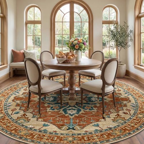 RELEANY Washable Area Rug, Round 8ft, Red/Orange/Blue/Brown