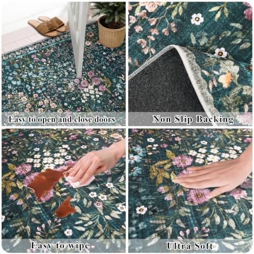 5x5 Living Room Area Rug Washable: Floral Non-Slip Mats for Indoor Floor Entryway Dining Room Bedroom - Soft Thin Carpet for Vintage Neutral Home Decor (5ft Square, Green)