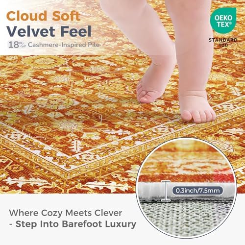 OPPODREAM Vintage Orange Area Rugs 3' Round, Washable Rug for Living Room