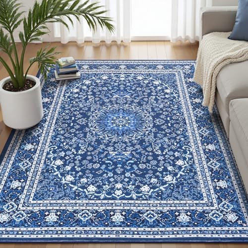 5x7 Area Rugs for Living Room, Washable Non-Slip Rug, Oriental Dark Blue