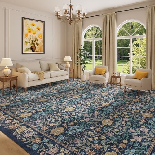 DUKINO 10x14 Rug for Living Room Washable Vintage Floral Area Rug Dark Blue