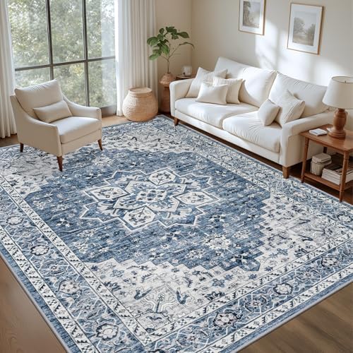 8x8 Area Rugs Living Room: Washable Vintage Rug for Bedroom Blue