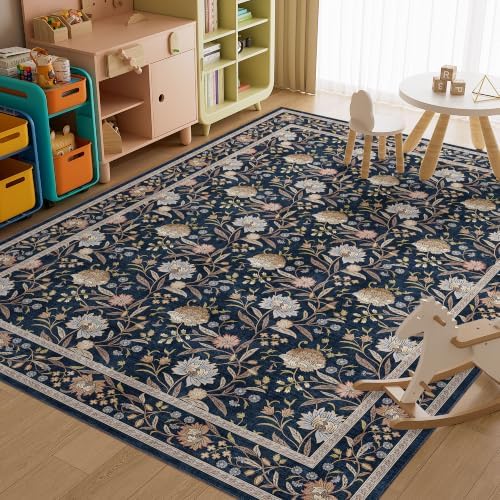 DUKINO 9x12 Area Rug for Living Room Vintage Floral Washable Rug, Navy Blue