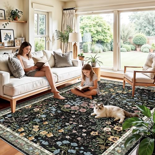 YOUFORTONG 6x9 Dining Room Area Rug: Washable Mat for Living Room Bedroom Office High Traffic Area - Soft Non Slip Indoor Carpet for Vintage Farmhouse Home Decor (6x9, Black)