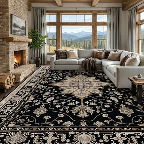 RELEANY Washable Area Rug, Large 10'x14', Black/Neutral