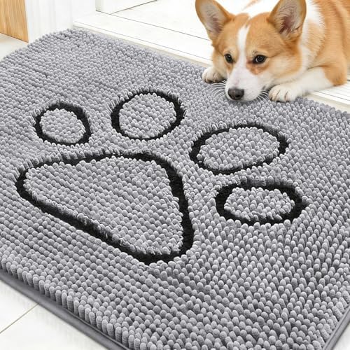 OLANLY Dog Door Mat for Muddy Paws 30x20, Paw Print Design Chenille Mud Mat