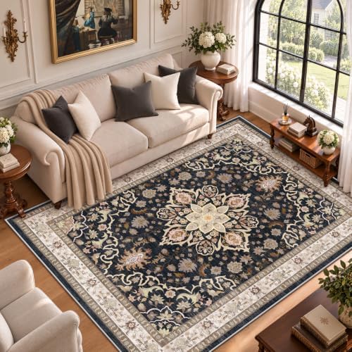 5x7 Area Rugs for Living Room: Washable Vintage Floral Rug Low Pile Non-Slip Boho Carpet for Nursery Bedroom Dining Room (Black, 5'x7')