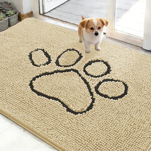 OLANLY Dog Door Mat for Muddy Paws 48x30, Paw Print Design Chenille Mud Mat