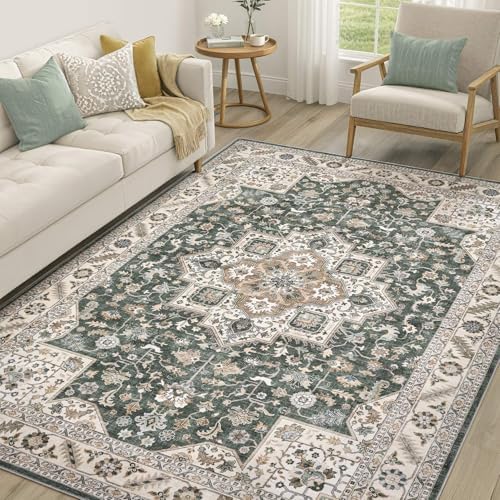 cotiled 6x9 Area Rug for Living Room, Washable, Traditional, Vintage Green
