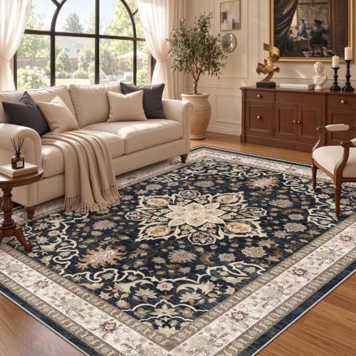 5x7 Area Rugs for Living Room: Washable Vintage Floral Rug Low Pile Non-Slip Boho Carpet for Nursery Bedroom Dining Room (Black, 5'x7')