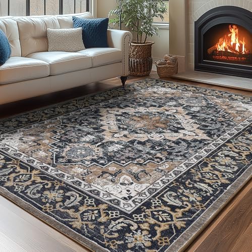Lessymo Washable Area Rug 6x9 Living Room, Soft Bedroom Rugs Black Brown