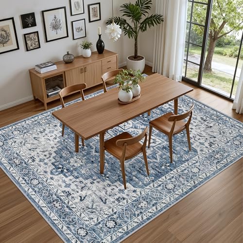 8x8 Area Rugs Living Room: Washable Vintage Rug for Bedroom Blue