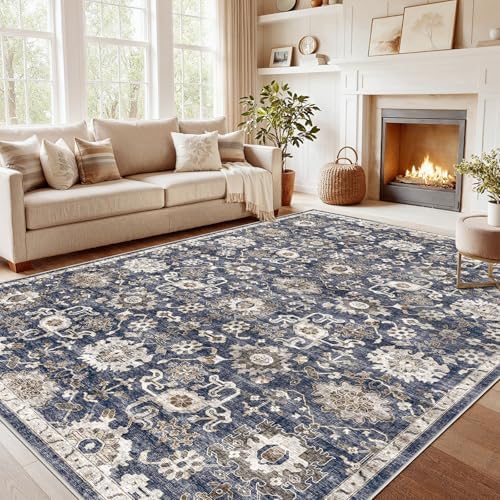 Amada Large 9x12 Washable Area Rug for Living Room, Blue/Brown, Vintage