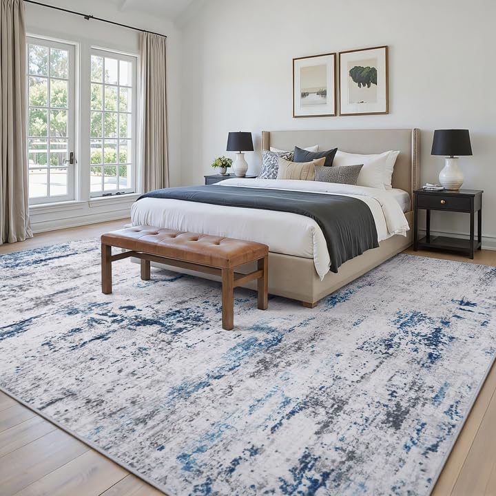 9x12 Area Rugs for Living Room Large Washable Abstract Rug White Gray Blue