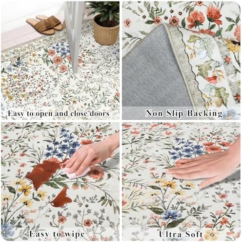 7x7 Vintage Floral Dining Room Rug - 7ft Square Low Pile Non Slip Machine Washable Area Rug, Indoor Carpet for Under Table/Bed Living Room Bedroom Office Nursery Entryway Playroom (7ft Square, Beige)
