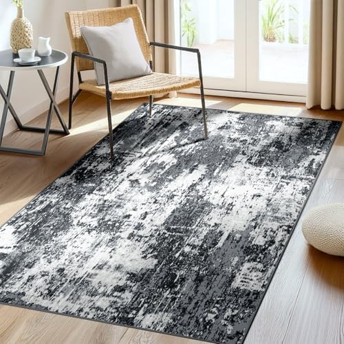 RELEANY Washable 4'x5' Abstract Area Rug for Living Room Black White