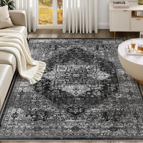 UERMEI 5x7 Area Rug Living Room Rugs - Washable Vintage Soft Large Rug Indoor Floor No Slip Rug Carpet for Bedroom Farmhouse Under Dining Table Home Office Decor - Black