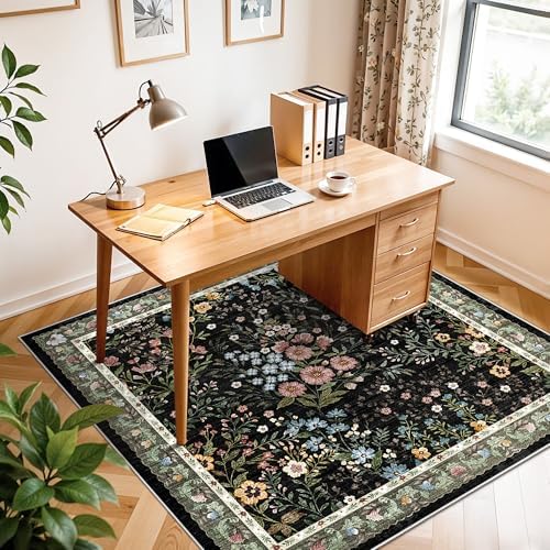 4x4 Square Entry Rug Entryway Foyer: Non-Slip Floral Washable Rugs for Living Room Indoor Floor Kitchen Bedroom - Soft Thin Doormat Carpet Boho Vintage Home Decor (4ft Square, Black)