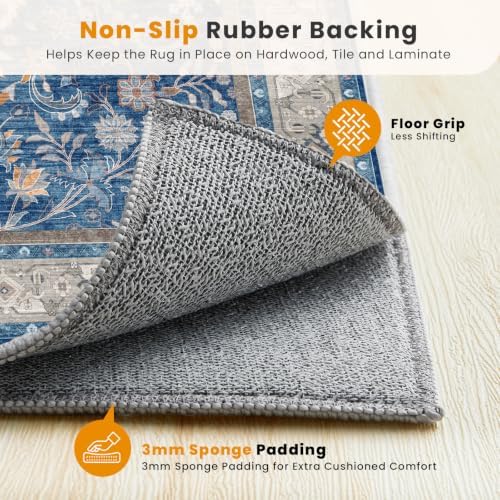 SameBed 5x7 Area Rug Living Room, Vintage Washable Carpet Blue