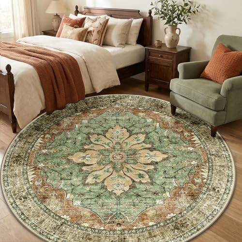 RELEANY Washable Area Rug, Round 6ft, Brick/Brown/Green